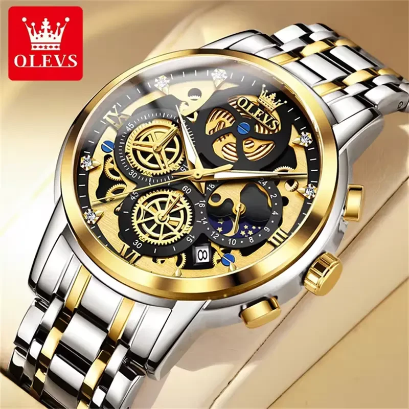 Olevs 9947 Chronograph Two-tone Black Dial Luxury Men's Watch